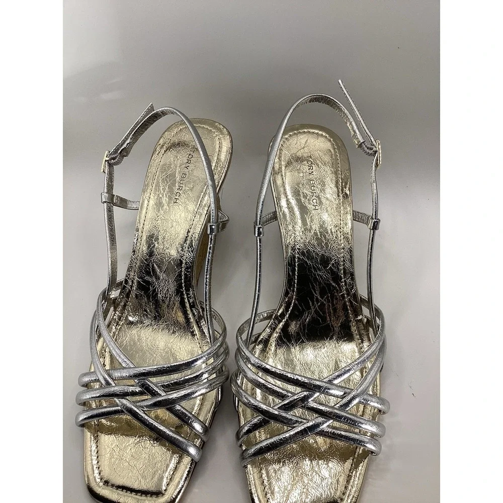 Tory Burch Multi Strap 75MM Slingback Espadrille Sandals Size US 8 Silver Gold